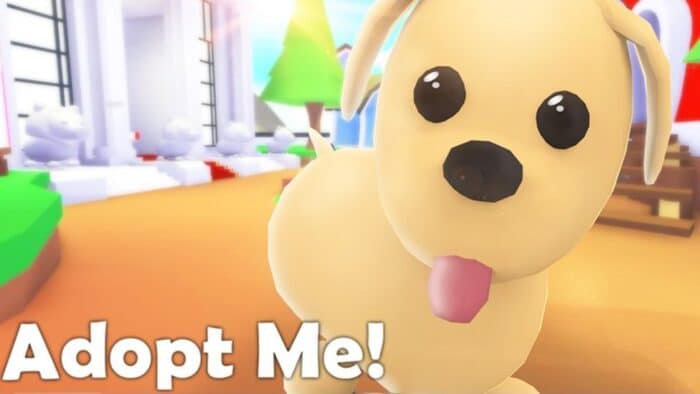 A cute tan puppy with its tongue out stares playfully at the camera in Roblox's "Adopt Me!" game, with the logo in bold white text below.